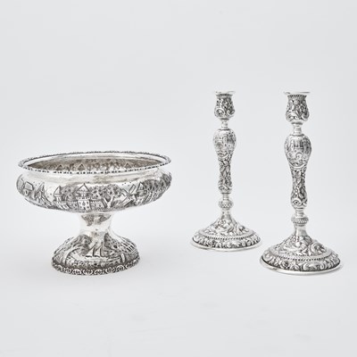 Lot 144 - Pair of Baltimore Silversmiths Mfg. Co. Sterling Silver Candlesticks and Centerpiece Bowl