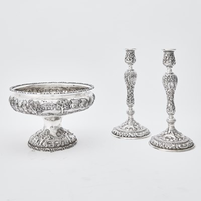 Lot 144 - Pair of Baltimore Silversmiths Mfg. Co. Sterling Silver Candlesticks and Centerpiece Bowl