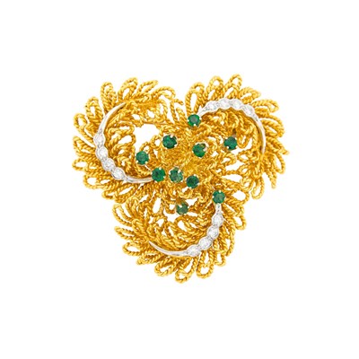 Lot 1313 - Two-Color Gold, Diamond and Emerald Brooch