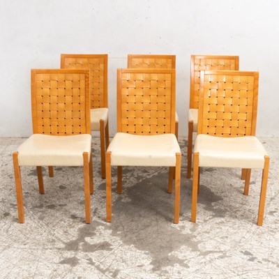 Lot 111 - Set of Six Blonde Wood and Leather Side Chairs