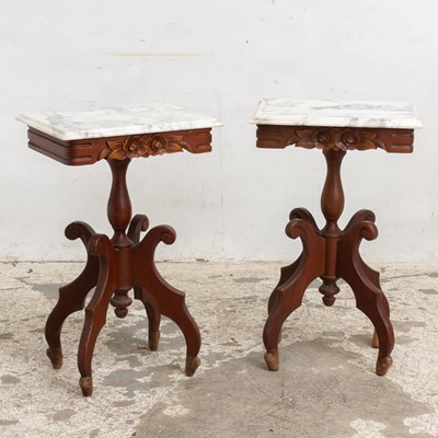 Lot 133 - Pair of Carved Walnut Marble Top Side Tables