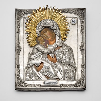 Lot 128 - Russian Parcel-Gilt Silver Icon of the Vladimir Mother of God