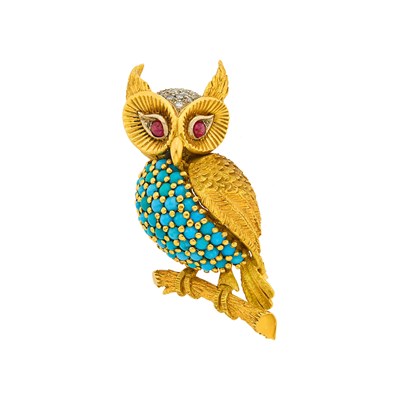 Lot 124 - Two-Color Gold, Turquoise, Cabochon Ruby and Diamond Owl Clip-Brooch, France