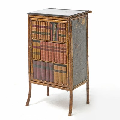 Lot 252 - Victorian Bamboo, Lacquer, and Faux Book Binding Small Cabinet