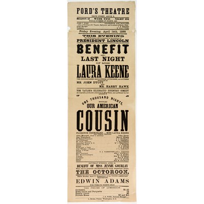 Lot 329 - A souvenir printing of the April 14th, 1865, Ford's Theatre broadside with an intriguing note