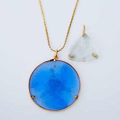 Lot 3327 - Lalique Molded Blue Glass and Gilt-Metal Pendant with Gold Chain Necklace and Colorless Glass, Diamond and Gold Pendant