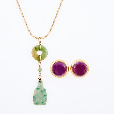Lot 3217 - Pair of Gold and Cabochon Amethyst Earclips and Jade Pendant-Necklace