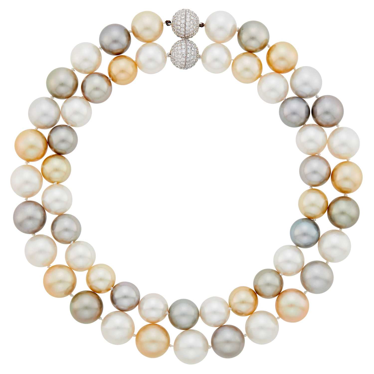 Lot 158 - Cartier Pair of Multicolored South Sea Cultured Pearl Necklaces with White Gold and Diamond Ball Clasps