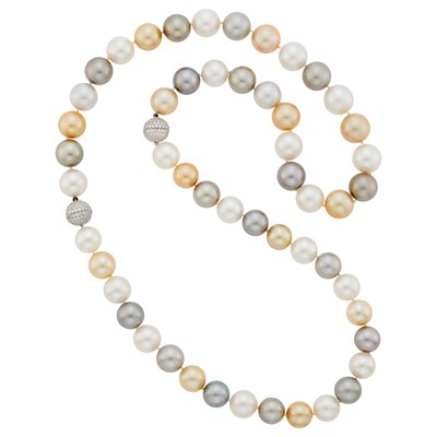 Lot 158 - Cartier Pair of Multicolored South Sea Cultured Pearl Necklaces with White Gold and Diamond Ball Clasps