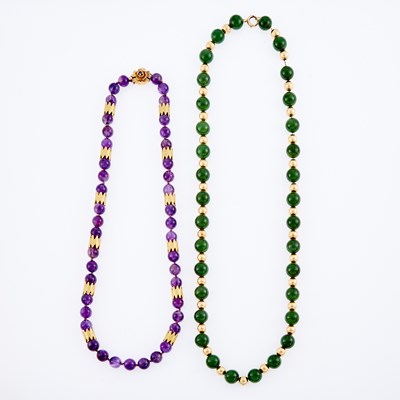 Lot 3215 - Amethyst and Gold Bead Necklace and Nephrite and Gold Bead Necklace