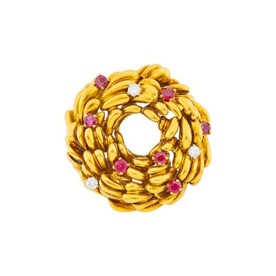 Lot 112 - Tiffany & Co. Gold, Ruby and Diamond Wreath Brooch