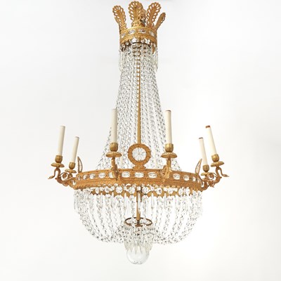 Lot 312 - French Empire Gilt Bronze and Cut Glass Eight Light Chandelier