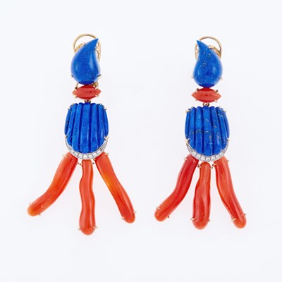 Lot 2280 - Pair of Gold, Lapis, Coral and Diamond Pendant-Earrclips