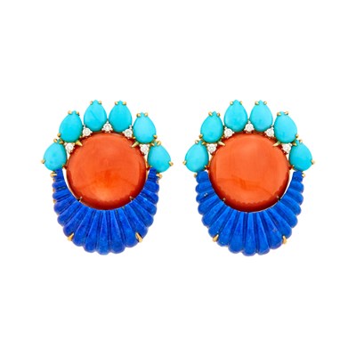 Lot 2018 - Pair of Gold, Carved Lapis, Turquoise, Coral and Diamond Earclips