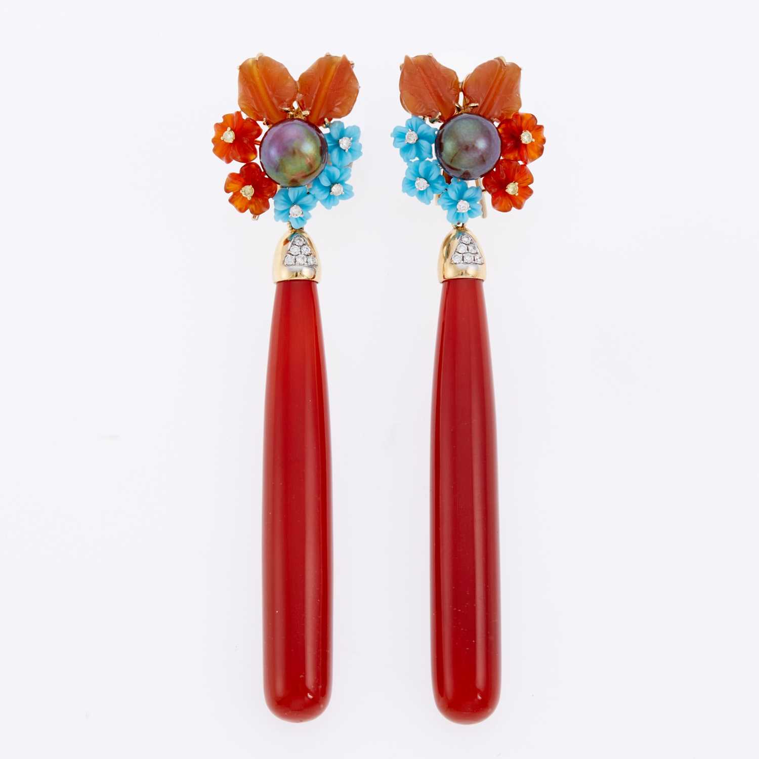 Lot 1049 - Pair of Gold, Red Agate, Turquoise, Gray Tahitian Cultured Pearl, Diamond and Colored Diamond Pendant-Earrings