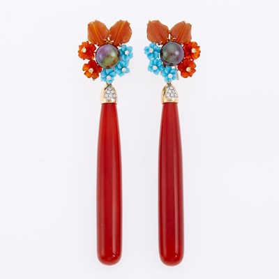 Lot 1049 - Pair of Gold, Red Agate, Turquoise, Gray Tahitian Cultured Pearl, Diamond and Colored Diamond Pendant-Earrings