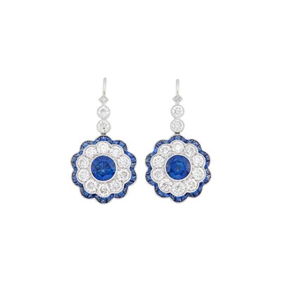 Lot 46 - Pair of White Gold, Sapphire and Diamond Pendant-Earrings