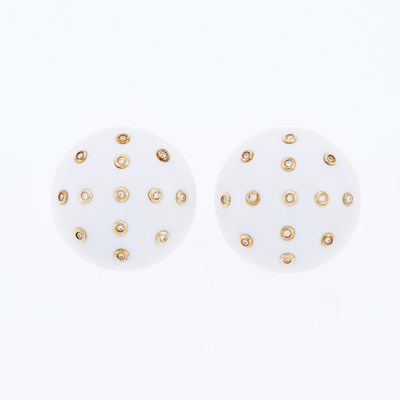 Lot 3063 - Pair of Gold, White Agate and Diamond Done Earrings