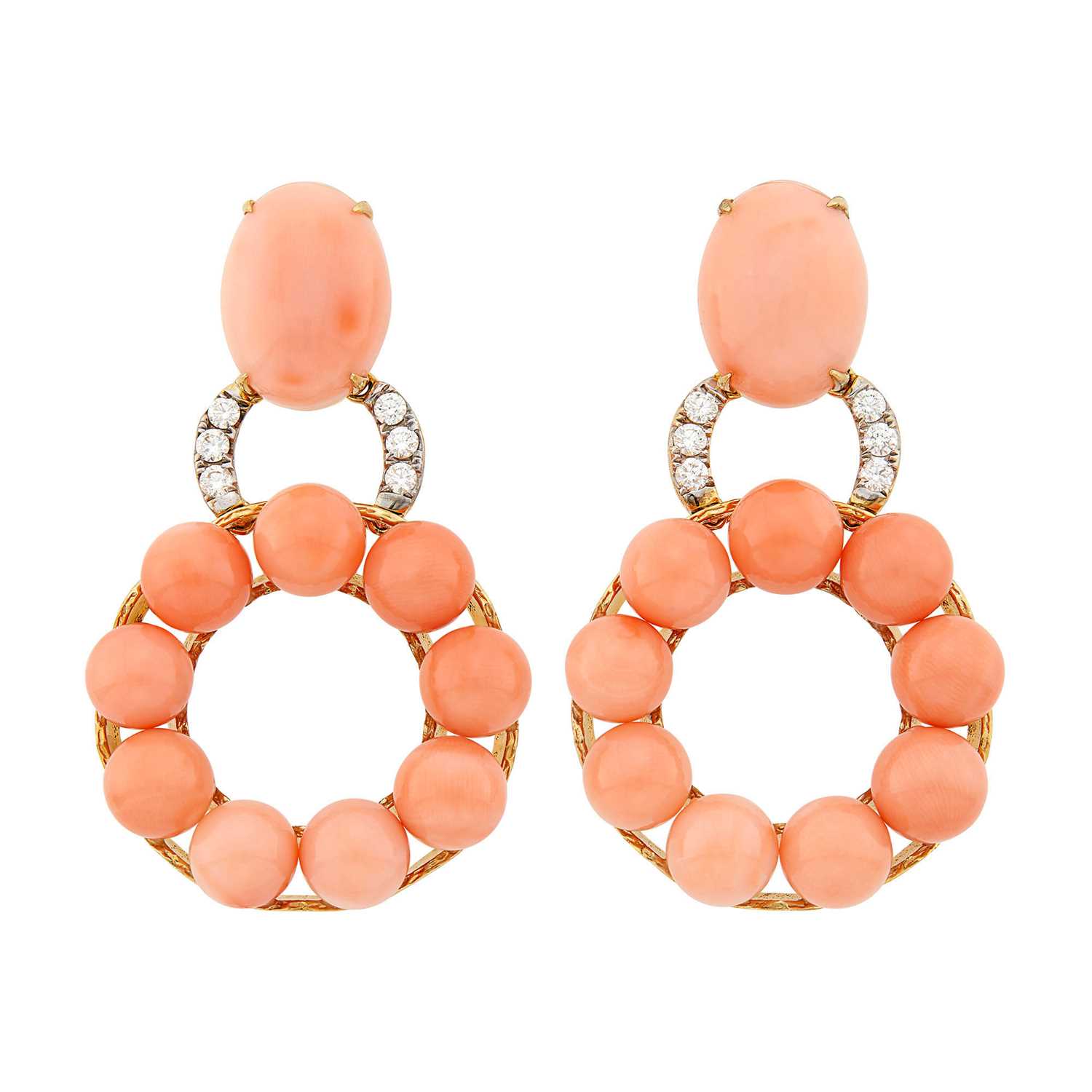 Lot 1092 - Pair of Gold, Angel Skin Coral and Diamond Hoop Pendant-Earclips