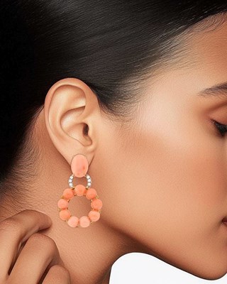 Lot 1092 - Pair of Gold, Angel Skin Coral and Diamond Hoop Pendant-Earclips