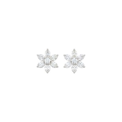 Lot 2078 - Pair of Platinum, White Gold and Diamond Flower Stud Earrings