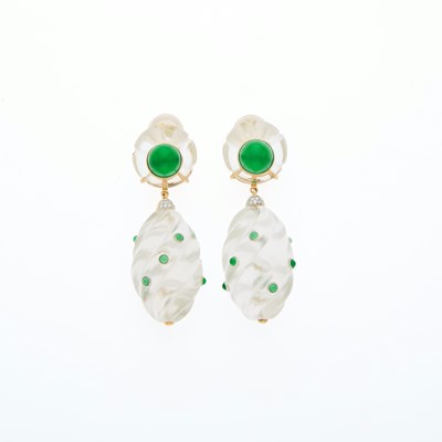 Lot 2103 - Pair of Gold, Fluted Rock Crystal, Green Agate and Diamond Pendant-Earrings