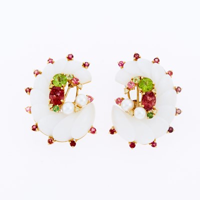 Lot 3051 - Pair of Gold, Carved White Quartz, Multicolored Tourmaline, Cultured Pearl and Diamond Earrings