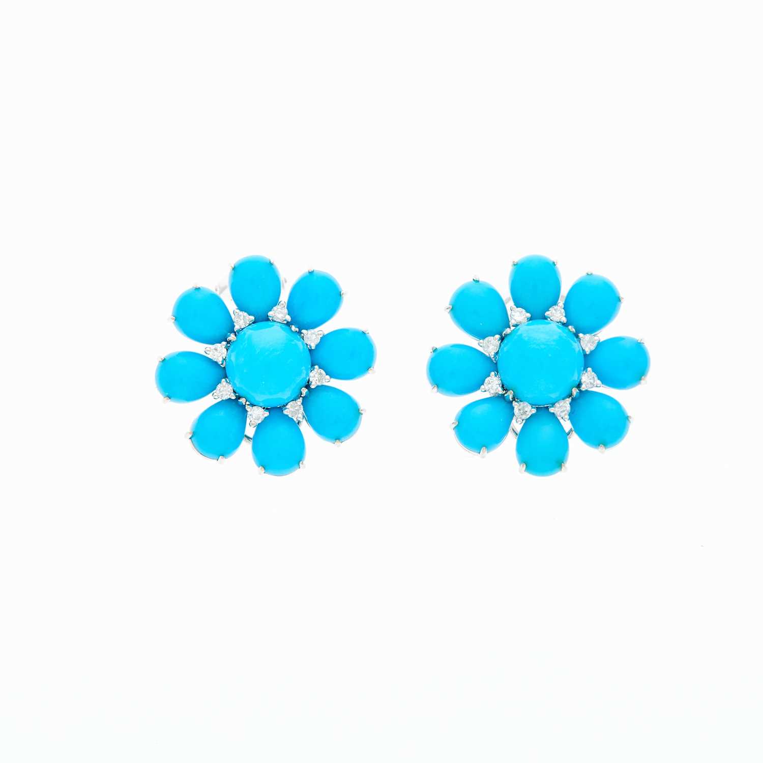 Lot 2102 - Pair of White Gold, Reconstituted Turquoise and Diamond Flower Earrings
