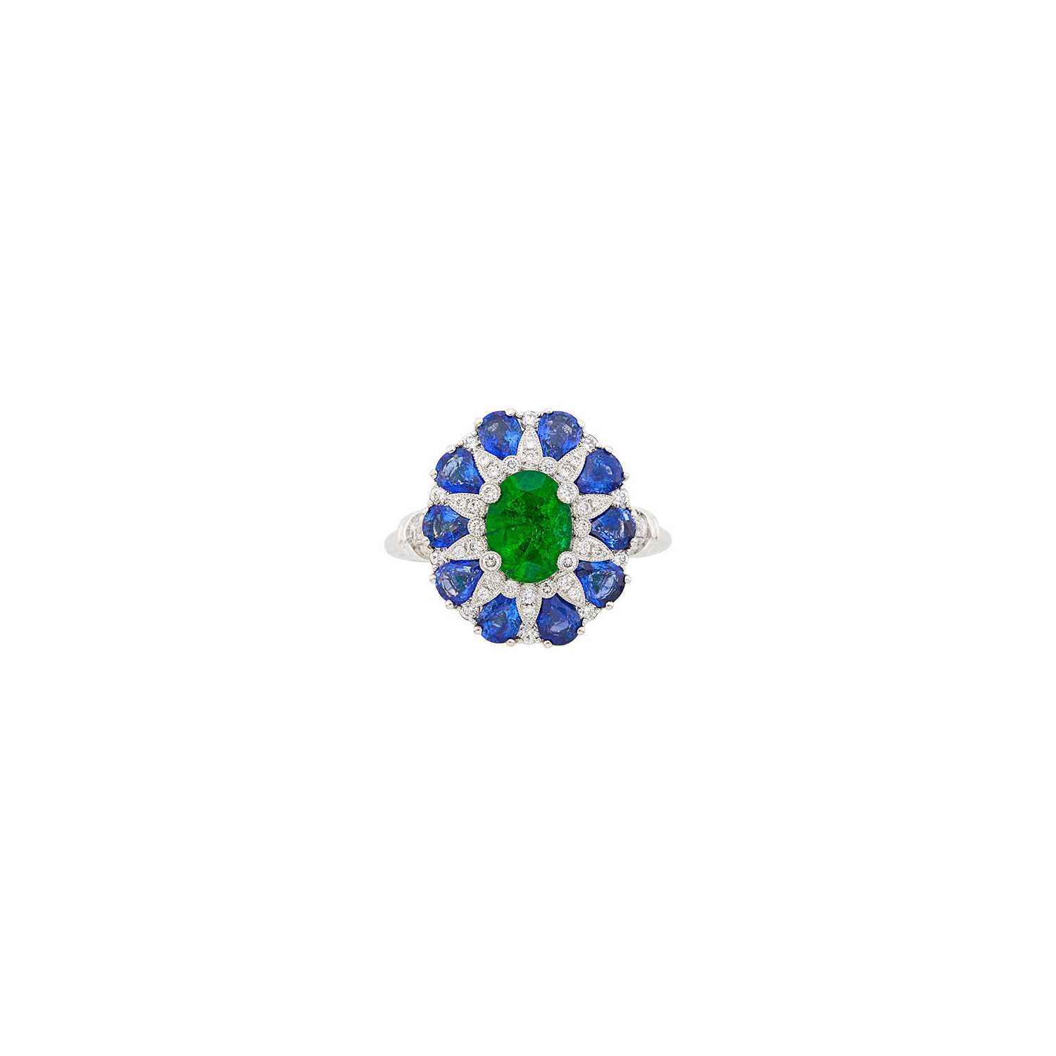 Lot 1049 - Platinum, Emerald, Sapphire and Diamond Ring