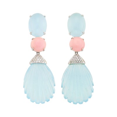 Lot 78 - Pair of White Gold, Aquamarine, Pink Mother-of-Pearl and Diamond Pendant-Earclips