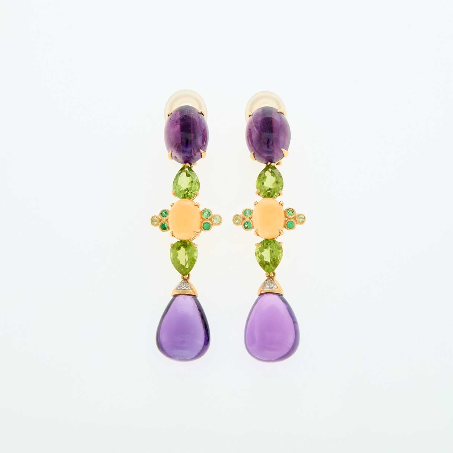 Lot 1058 - Pair of Gold, Amethyst, Peridot, Green and Orange Garnet and Diamond Pendant-Earclips