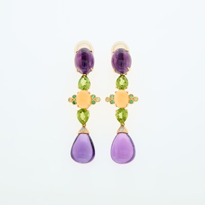 Lot 1058 - Pair of Gold, Amethyst, Peridot, Green and Orange Garnet and Diamond Pendant-Earclips