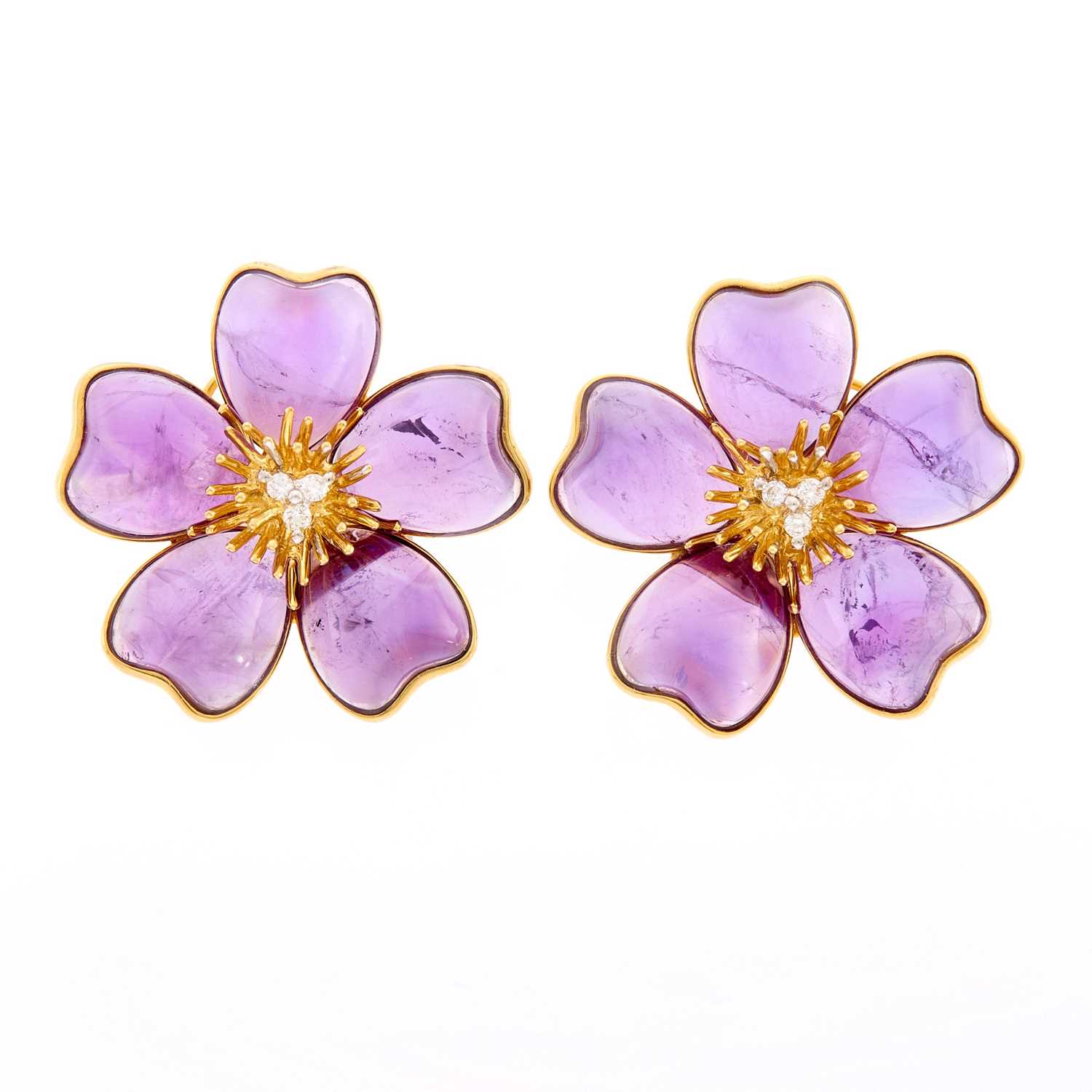 Lot 2047 - Pair of Gold, Amethyst and Diamond Flower Earclips