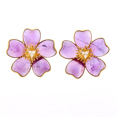 Lot 2047 - Pair of Gold, Amethyst and Diamond Flower Earclips