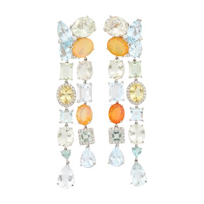 Lot 1123 - Pair of White Gold, Aquamarine, Jelly Opal, Multicolored Beryl and Diamond Pendant-Earclips