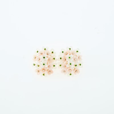 Lot 2082 - Pair of Gold, Mother-of-Pearl, Demantoid Garnet and Diamond Flower Earrings