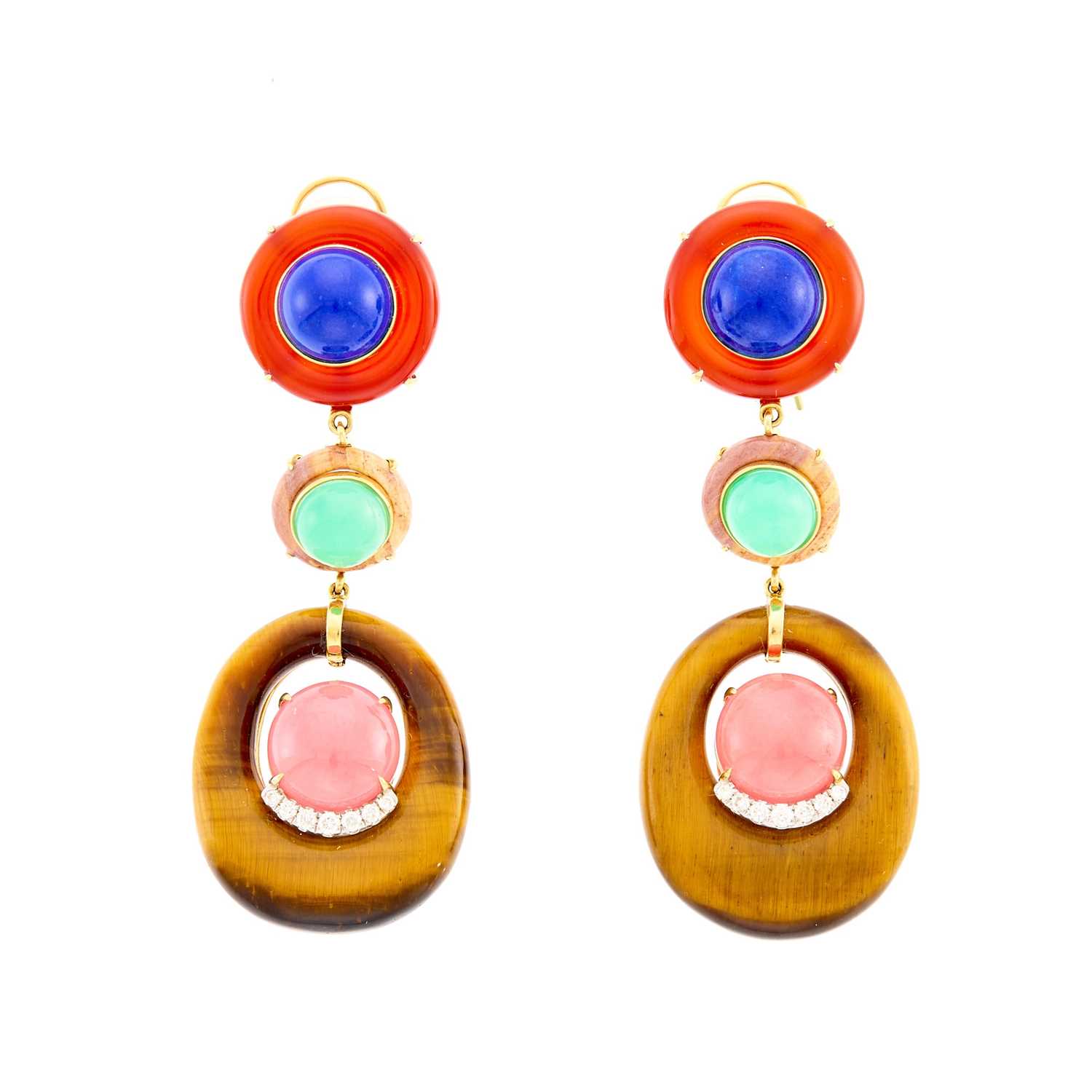 Lot 2086 - Pair of Gold, Tiger's Eye, Lapis, Chrysoprase, Hardstone and Diamond Earclips