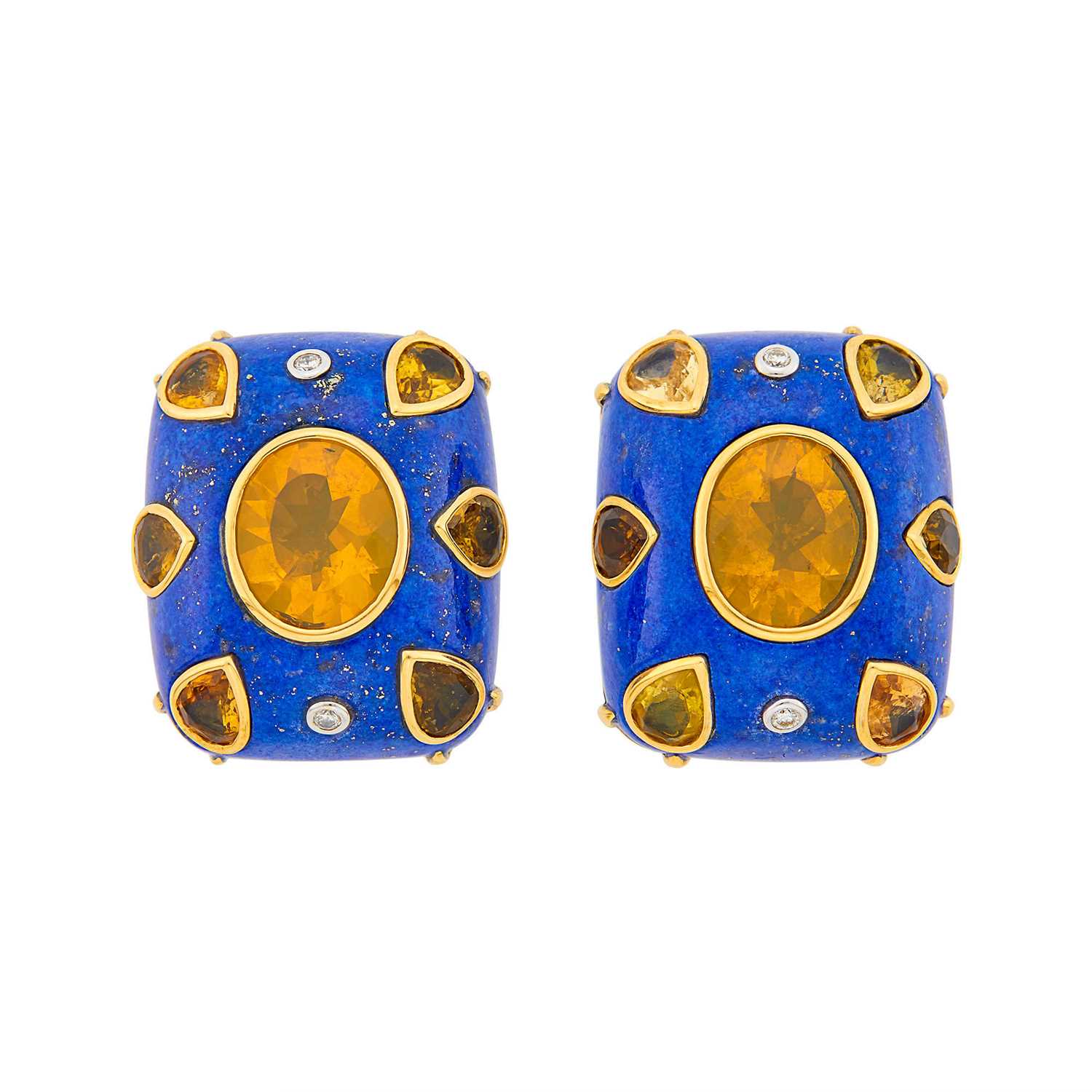 Lot 2069 - Pair of Gold, Lapis, Jelly Opal, Yellow Tourmaline and Diamond Earclips
