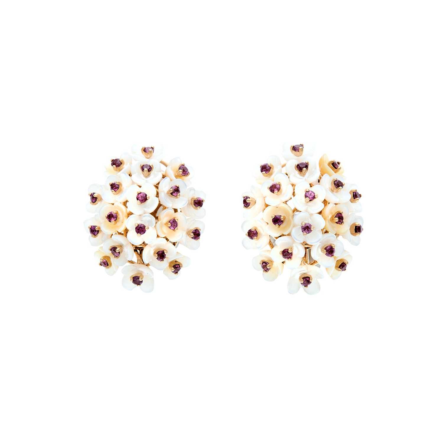 Lot 2053 - Pair of Gold, Mother-of-Pearl and Rhodolite Garnet Flower Earrings
