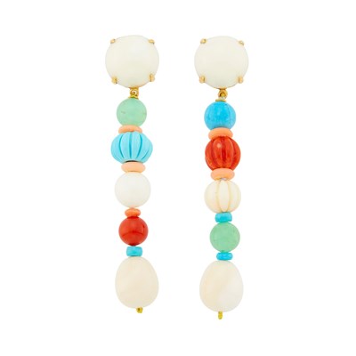 Lot 2031 - Pair of Gold, White Coral, Coral, Turquoise and Chrysoprase Pendant-Earclips