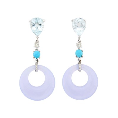 Lot 2094 - Pair of White Gold, Blue Chalcedony, Turquoise, Aquamarine and Diamond Pendant-Earrings