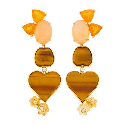 Lot 2088 - Pair of Gold, Tiger's Eye, Jelly Opal, Peach Moonstone, Carved Citrine and Diamond Pendant-Earclips