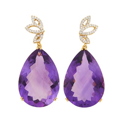 Lot 21 - Pair of Gold, Amethyst and Diamond Pendant-Earclips