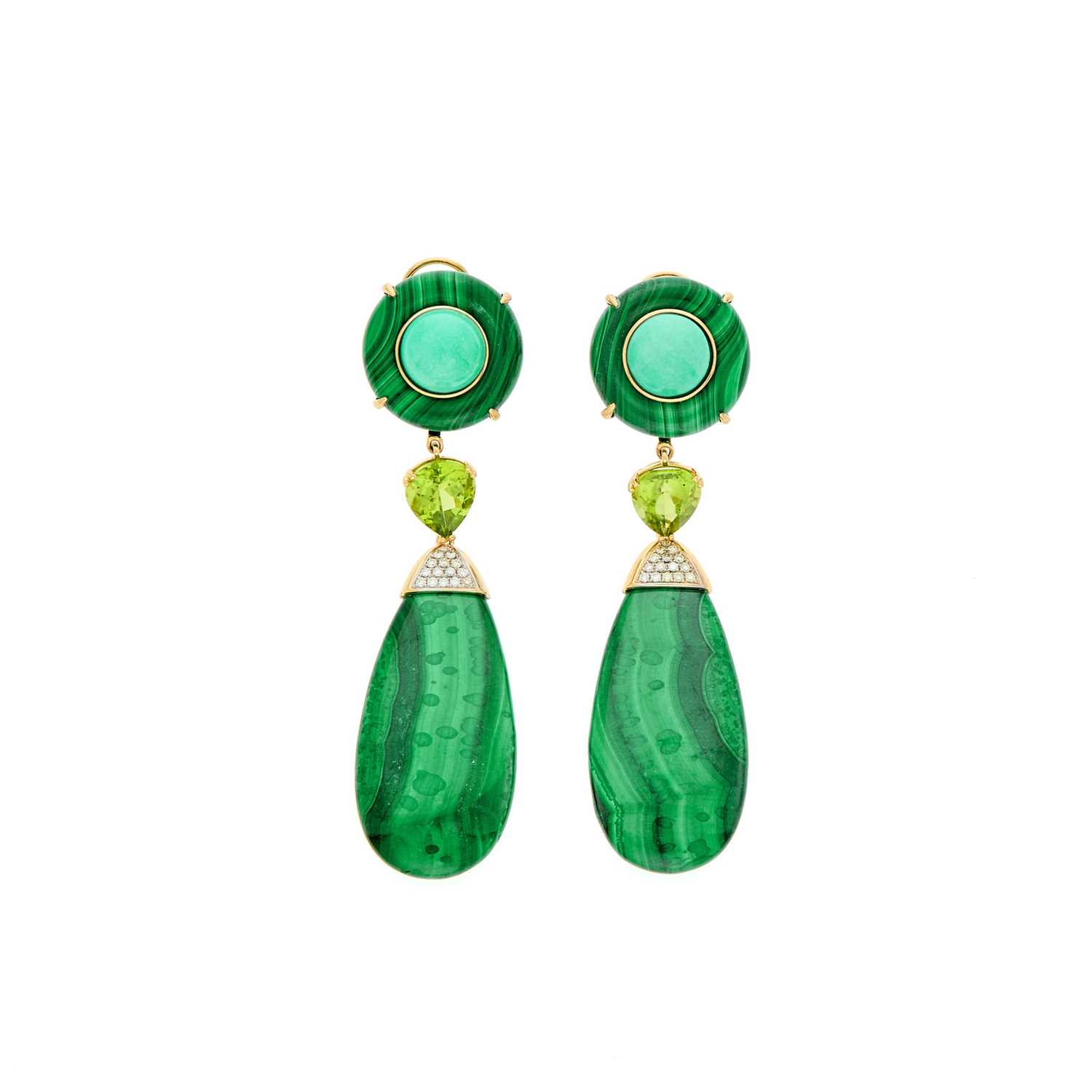 Lot 1081 - Pair of Gold, Malachite, Turquoise, Peridot and Diamond Pendant-Earclips