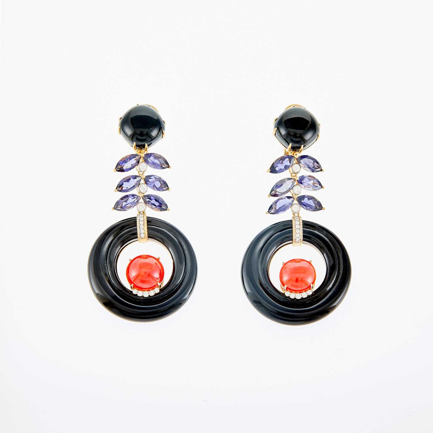Lot 1034 - Pair of Gold, Black Onyx, Iolite, Coral and Diamond Pendant-Earclips