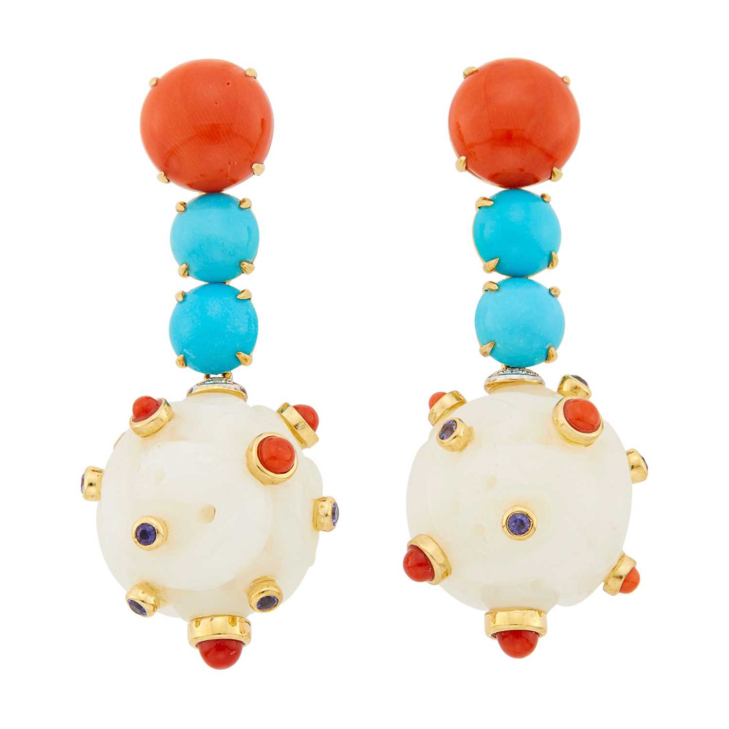 Lot 2168 - Pair of Gold, Carved White Quartzite, Turquoise, Coral, Sapphire and Diamond Pendant-Earclips