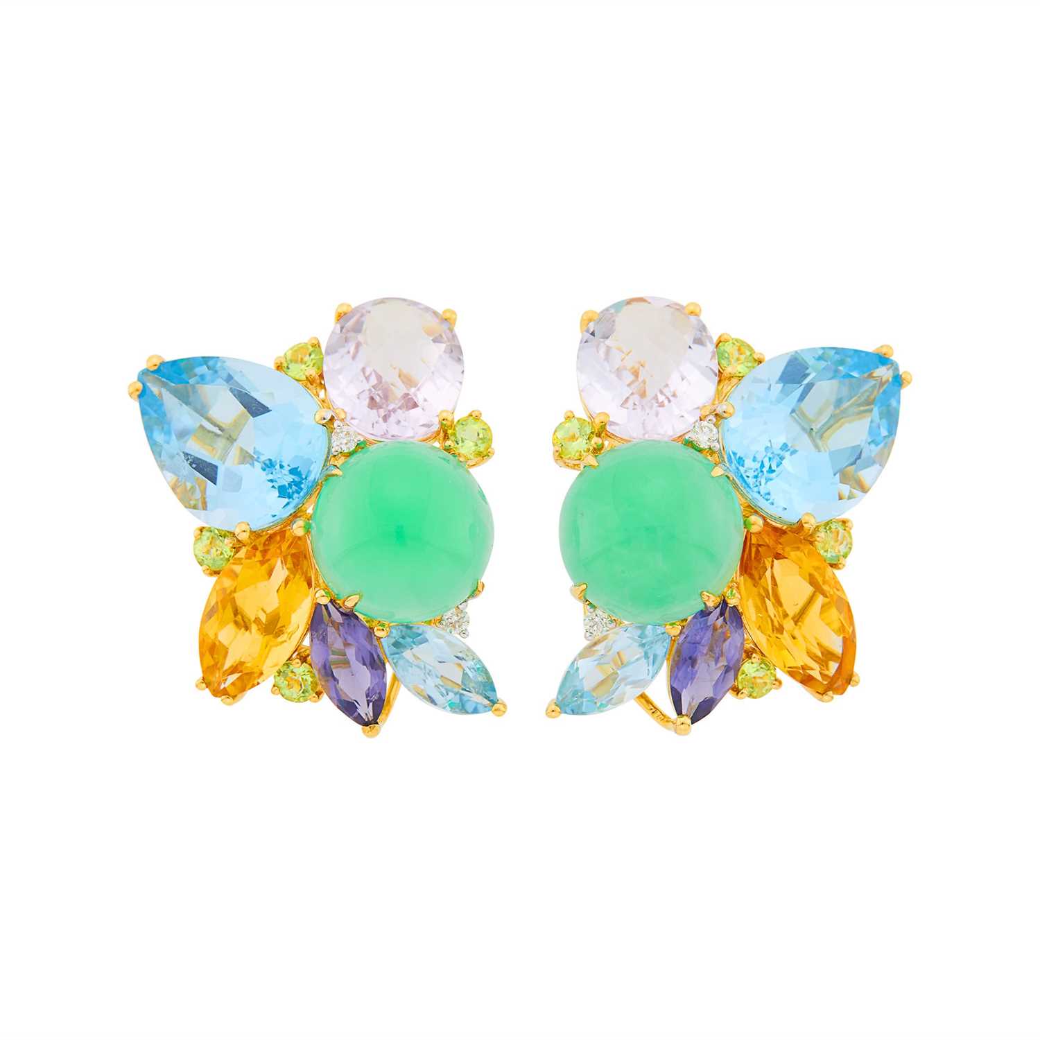Lot 2038 - Pair of Gold, Chrysoprase, Blue Topaz, Amethyst, Citrine, Iolite, Peridot and Diamond Earclips
