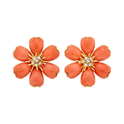 Lot 2019 - Pair of Gold, Coral and Diamond Flower Earclips