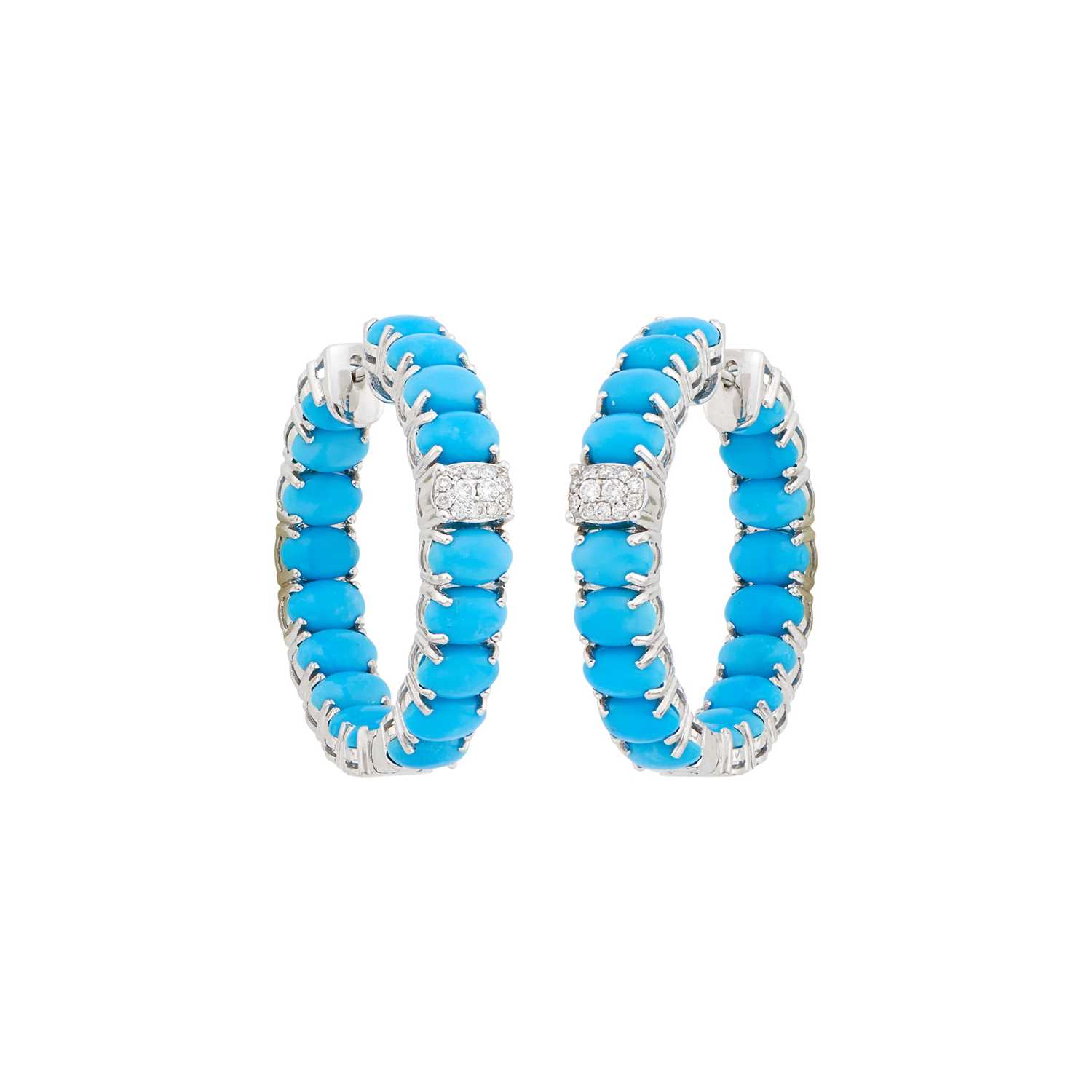Lot 45 - Pair of White Gold, Turquoise and Diamond Hoop Earrings
