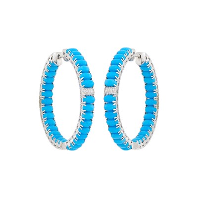 Lot 80 - Pair of White Gold, Turquoise and Diamond Hoop Earrings